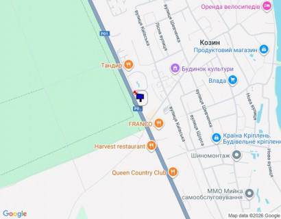 Билборд B в Козине, 6х3  Конча-Заспа, траса Р-01, с. Козин, км 29+700 ліво, за 100 м до автобусної зупинки, 150 м до повороту на вул. Партизанська схема
