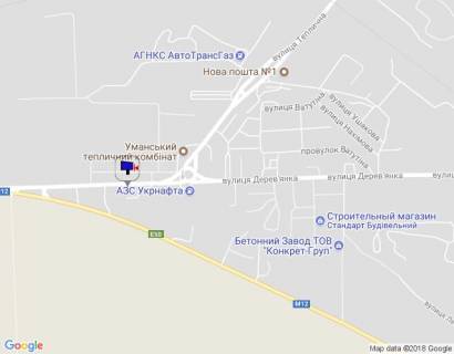 Білборд, Бігборд (Борд)  B у Умані м. Умань, вул. Дерев'янка, через 80м після автобусної зупинки та 200м після розв'язки з вул. Теплична, за 500м до виїзду на трасу М-12  схема