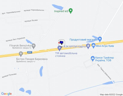 Billboard B in Berezivka (Kiev region), 6х3  с. Березівка, траса М-06 "Київ-Чоп" (Житомир), км 36+250 право, навпроти TIR автомобільної стоянки, за 350м до АЗС БРСМ-Нафта, через 650м після ресторану "Бістро Пекаря", через 750м після отелю "Мезон Бланш" scheme