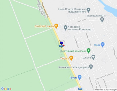Билборд B в Козине, 6х3  Конча-Заспа, траса Р-01, км 29+250 право, за 410м до повороту на котеджне містечко "РОМАНОВО", за 300м до комплексу "Сезони SPA" та ресторану "Giardino", через 200м після ресторану "ТАНДИР" схема