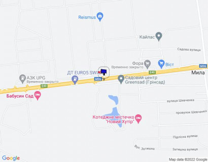 Билборд A в Миле, 6х3  с. Мила, траса М-06 "Київ-Чоп" (Житомир), км 26+800 ліво, біля садового центру, за 550м до магазину "Фора", через 625м після АЗС GLUSCO схема