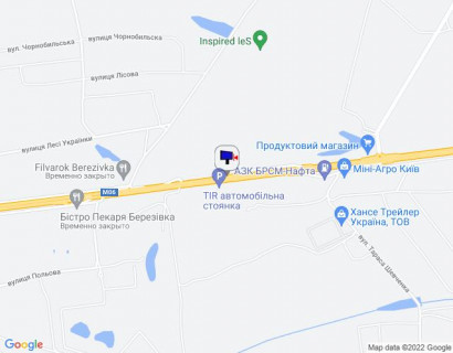 Billboard A in Berezivka (Kiev region), 6х3  с. Березівка, траса М-06 "Київ-Чоп" (Житомир), км 36+250 право, навпроти TIR автомобільної стоянки, через 350м після АЗС БРСМ-Нафта, за 650м до ресторану "Бістро Пекаря", за 750м до отелю "Мезон Бланш" scheme