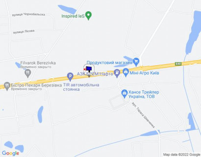 Billboard A in Buzova, 6х3  с. Бузова, траса М-06 "Київ-Чоп" (Житомир), км 36+150 ліво, через 150м після TIR автомобільної стоянки, через 750м після ресторану "Бістро Пекаря", через 850м після отелю "Мезон Бланш", за 200м до АЗС БРСМ-Нафта scheme
