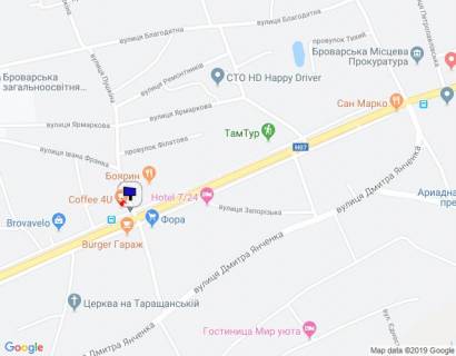 Билборд B в Бровары, 6х3  м. Бровари, вул. Київська, 89, біля повороту на Красницького повіту вул. (кол. Сєрова) та магазину "Фора", біля автобусної зупинки, за 160м до повороту на вул. Запорізька схема