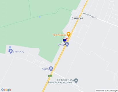 Билборд A в Заліссі, 6х3  с. Залісся, чернігівська траса, траса М-01 "Київ-Чернігів-Нові Яриловичі", км 43+500 ліво, вул. Київська, навпроти АЗС "ОККО", за 950м до повороту на завод "Coca-Cola" та АЗС "ОККО", через 450м після ресторану "Три козаки" схема