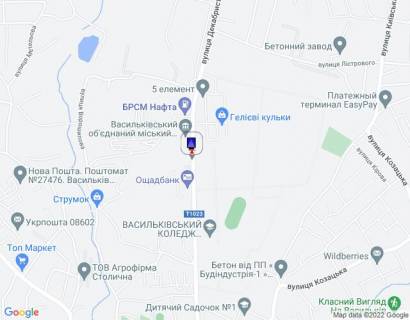 Сiтiлайт B у Василькові, 1,2х1,8  м. Васильків, вул. Декабристів, 43, біля автошколи та СТО, за 340м до АЗС "GLUSCO", за 210м до АЗС "БРСМ НАФТА", через 90м після Ощадбанку, через 175м після Пам'ятника авіаторів схема