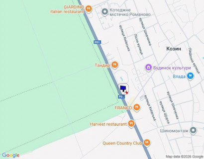 Билборд A в Козине, 6х3  Конча-Заспа, траса Р-01, с. Козин, км 29+700 ліво, Супермаркет FAVORE, ФОРА, за 120м до повороту на вул. Партизанська, за 200м до супермаркету "FAVORE" схема