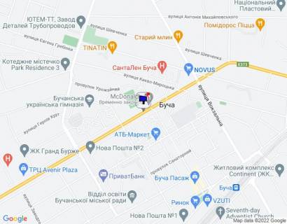 Билборд A в Буче, 6х3  м. Буча, траса М-07 "Київ-Ковель", км 28+300 право, вул. Нове Шосе, біля автобусної зупинки та McDonald's, навпроти магазину ЕКО-Маркет, через 400м після магазину Novus та поворту на вул. Вокзальна, за 180м до перехрестя з вул. Вишнева та вул. схема