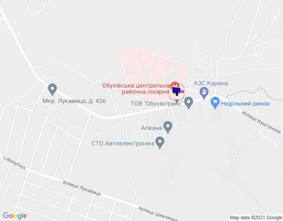 Билборд A в Обухове, 6х3  м. Обухів, вул. Каштанова, 52, біля обухівської центральної районної лікарні, навпроти сервісного центру МВС, через 225м після автобусної зупинки схема