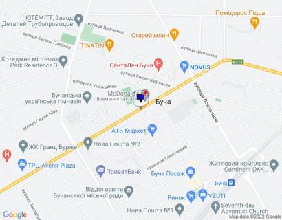 Билборд B в Буче, 6х3  м. Буча, траса М-07 "Київ-Ковель", км 28+300 ліво, вул. Нове Шосе, біля автобусної зупинки та магазину ЕКО-Маркет, навпроти McDonald's, через 400м після магазину Novus та поворту на вул. Вокзальна, за 180м до перехрестя з вул. Вишнева та вул. Польова схема