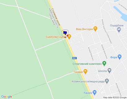 Билборд B в с. Козине Конча-Заспа,  траса Р-02, км 28км+750 право, ресторан "Giardino", супермаркет "Wine Time", зупинка "Козин-1" схема