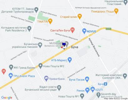 Билборд B в Буче, 6х3  м. Буча, траса М-07 "Київ-Ковель", км 28+300 право, вул. Нове Шосе, біля автобусної зупинки та McDonald's, навпроти магазину ЕКО-Маркет, за 400м до магазину Novus та поворту на вул. Вокзальна, через 180м після перехрестя з вул. Вишнева та вул. схема