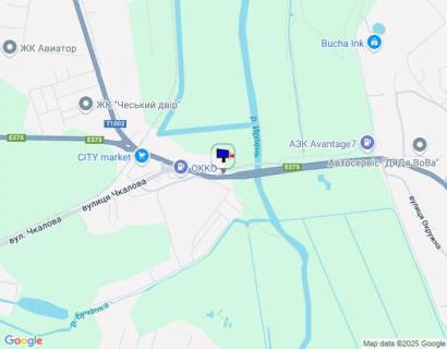 Билборд A в Ирпене, 6х3  м. Ірпінь, траса М-07 "Київ-Ковель", км 23+370 право, за мостом через р. Ірпінка, навпроти офісу ЖК "Гостомель Резіденс", за 180м до АЗС ОККО, через 570м після магазину АТБ, через 620м після магазину ФОРА схема