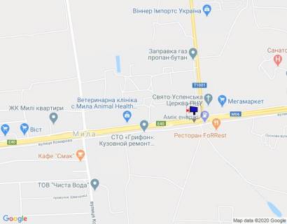 Billboard A in With. Mila, 6х3  s. Mila, trasa M-06 "Kiiv-Cop" (Zitomir), km 25+000 livo, pered AZS AMIS, bila kliniki Spizenko scheme