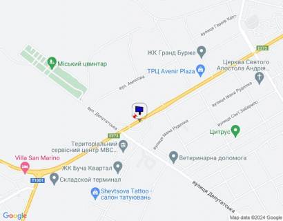 Билборд A в Буче, 6х3  м. Буча, траса М-07 "Київ-Ковель", км 30+120 ліво, вул. Нове Шосе, біля АЗС WOG, навпроти ТЦ Модуль, Фокстрот, Комфі, Адоніс, за 200м до магазину Епіцентр схема