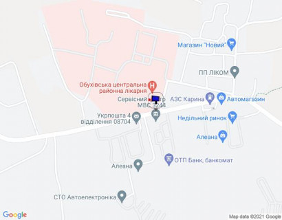 Билборд B в Обухове, 6х3  м. Обухів, вул. Каштанова, 52, біля обухівської центральної районної лікарні, навпроти сервісного центру МВС, за 225м до автобусної зупинки схема