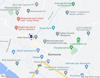Ситилайт B в Василькове, 1,2х1,8  м. Васильків, вул. Грушевського, 10, біля аптеки, навпроти магазину "Сільпо" та "COMFY", через 70м після повороту на вул. Гоголя, через 120м після повороту на вул. Декабристів, за 105м до відділення ПУМБ та автобусної зупинки схема