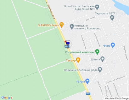 Билборд A в Козине, 6х3  Конча-Заспа, траса Р-01, км 29+250 право, через 410м після повороту на котеджне містечко "РОМАНОВО", через 300м після комплексу "Сезони SPA" та ресторану "Giardino", за 200м до ресторану "ТАНДИР" схема