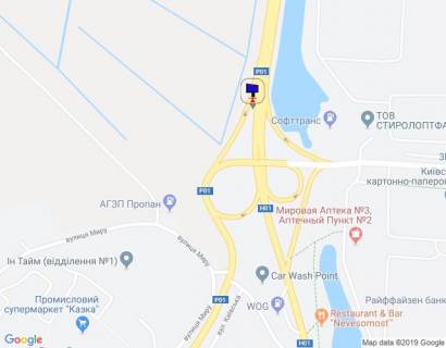 Билборд B в Обухове, 12х3  Дніпровське шосе, траса Н-01 "Київ-Знам'янка", км 43+200 право, розв'язка на м. Обухів та м. Українка, виїзд з м. Обухів в сторону м. Київ, лівий схема