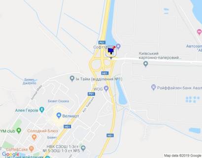 Білборд, Бігборд (Борд)  B у Обухові, 6х3  м. Обухів, початок вул. Промислова, міст через трасу Н-01 "Київ-Знам'янка", на повороті на Київ схема
