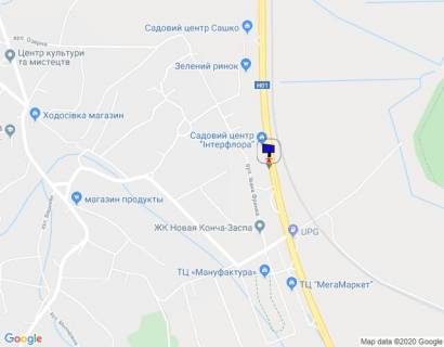 Билборд B в Ходосовке, 12х3  Дніпровське шосе, траса Н-01 "Київ-Знам'янка", км 23+270 право, через 300м після повороту на с. Ходосівку та АЗС UPG, за 70м до садового центру "Інтерфлора", лівий схема