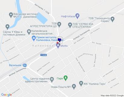 Билборд A в Калиновке, 6х3  смт. Калинівка, перехрестя вул. Залізнична та автошляху Т-1038, навпроти автобусної зупинки, біля АЗС МОТТО, через 100м після повороту на пров. Український, за 500м до АЗС MARSEL схема