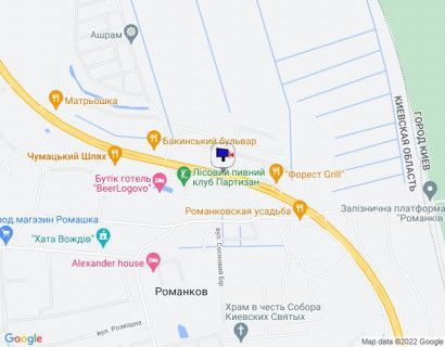 Билборд A в с. Романкове, 6х3  Дніпровське шосе, траса Н-01 "Київ-Знам'янка", км 28+460 ліво, навпроти ресторану "Три мушкетери", за 450м до ресторану "Чумацький шлях", через 250м після ресторану "Форест Grill" схема