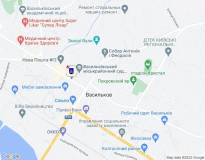 Ситилайт B в Василькове, 1,2х1,8  м. Васильків, вул. Грушевського, 2, через 100м після відділення ПУМБ та автобусної зупинки, через 150м після Васильківського Міськрайонного центру зайнятості, через 200м після магазину "Сільпо" та "COMFY", через 300м після повороту на вул. Гоголя, схема