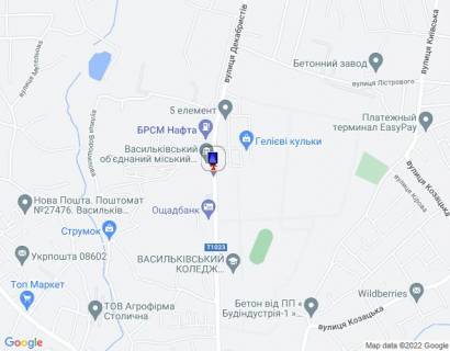Ситилайт B в Василькове, 1,2х1,8  м. Васильків, вул. Декабристів, 43, біля автобусної зупинки "Автопарк" та Васильківського об'єднаного міського військового комісаріату, за 290м до АЗС "GLUSCO", за 160м до АЗС "БРСМ НАФТА", через 140м після Ощадбанку схема
