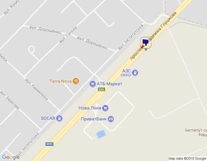 Билборд A в Киеве м. Київ, проспект Академіка Глушкова, траса М-05 Київ-Одеса, км 13+600 ліво, в'їзд в Київ, навпроти АЗС UPG, через 110м після АЗС ОККО, через 270м після Нової Лінії та магазину АТБ схема