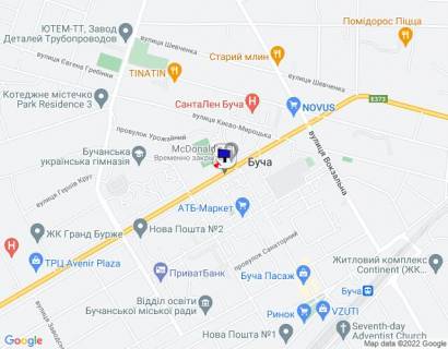 Білборд, Бігборд (Борд)  A у Бучі, 6х3  м. Буча, траса М-07 "Київ-Ковель", км 28+300 ліво, вул. Нове Шосе, біля автобусної зупинки та магазину ЕКО-Маркет, навпроти McDonald's, за 400м до магазину Novus та поворту на вул. Вокзальна, через 180м після перехрестя з вул. Вишнева та вул. Польова схема