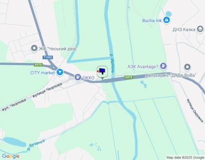 Билборд B в Ирпене, 6х3  м. Ірпінь, траса М-07 "Київ-Ковель", км 23+300 право, міст через р. Ірпінка, виїзд з міста, через 275м після АЗС ОККО, за 500м до магазину АТБ, за 550м до магазину ФОРА схема