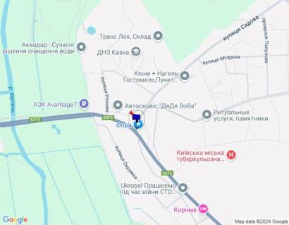 Билборд B в Киеве, 6х3  смт. Гостомель, траса М-07 "Київ-Ковель", км 22+850 право, вул. Кулішова, 44 (вул. Садова, 2), поворот на с. Горенка, парковка магазину "Фора" схема
