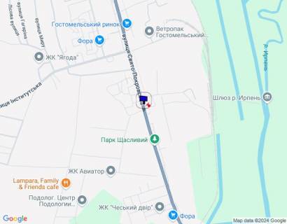Билборд B в Гостомеле, 6х3  смт. Гостомель, вул. Свято-Покровська, 3-А, навпроти повороту на вул. Вербицького, перед Алеєю Слави, перед Ринком схема