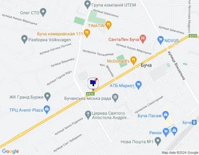 Билборд A в Буче, 6х3  м. Буча, траса М-07 "Київ-Ковель", км 29+100 право, вул. Нове Шосе, 18, перехрестя з бульваром Богдана Хмельницького, в напрямку до ТЦ Модуль, Нова Лінія схема