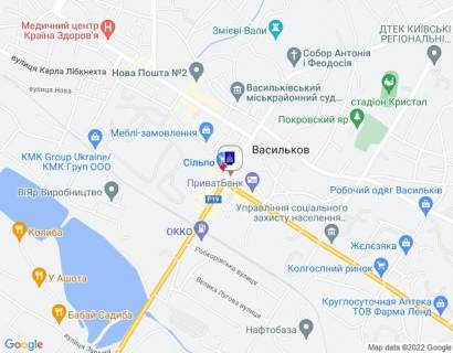 Ситилайт A в Василькове, 1,2х1,8  м. Васильків, вул. Соборна, 64/1, біля повороту на вул. Володимирська, навпроти магазину "Сільпо", за 190м до перехрестя з вул. Юних Комунарів, за 270м до перехрестя з вул. Шевченка та вул. Покровська схема