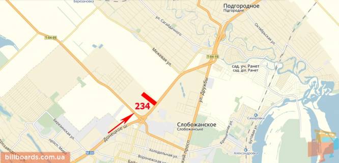 Билборд  в Днепр (Днепропетровск) Донецьке шосе, розвилка на Чумаки, 219+750, виїзд з міста схема