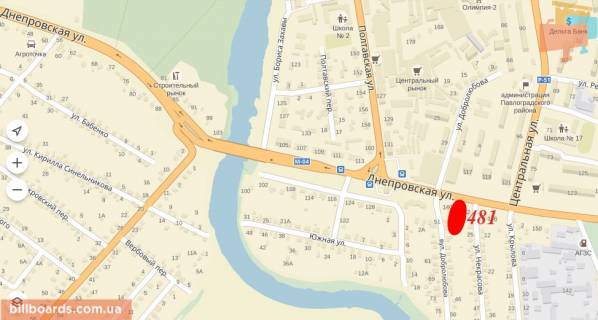 Билборд  в Павлограде вул. Дніпровська - вул. Некрасова, з центру, навпроти будівельного ринку схема