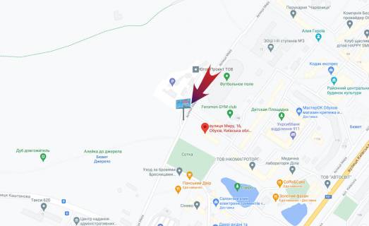 Билборд A в Обухове, 3х6  Обухів пр-т Миру 16/300 м до перехрестя с вул Каштанова (А) схема
