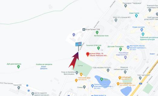 Билборд B в Обухове, 3х6  Обухів пр-т Миру 16/300 м від  вул.Каштанова (В) схема